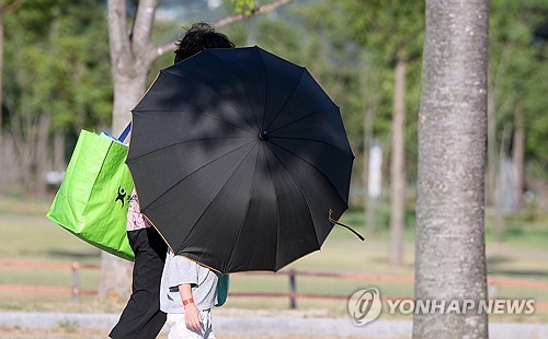 A person holds up a large black umbrella while walking on a sunlit park path, beside another person carrying a green shopping bag, with trees and a wooden fence in the background.